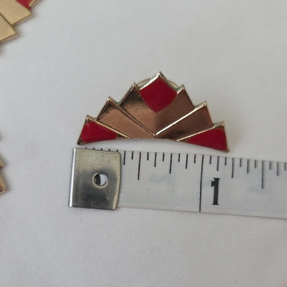 Rare Vintage Set 80s Gold-Tone & Red Enamel Geometric Earrings & Necklace - Picture 8 of 11